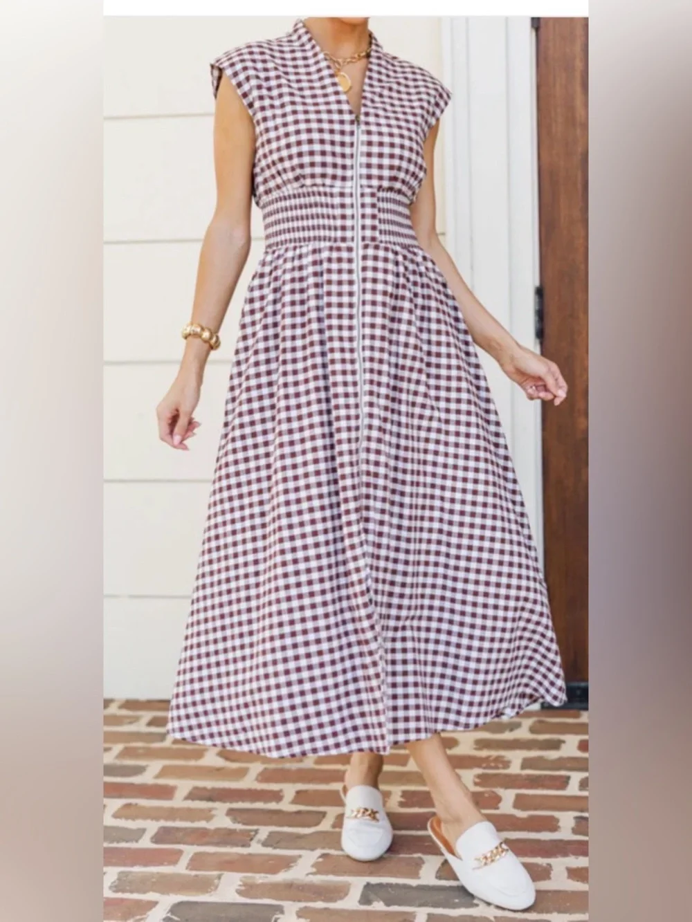 entro Brown and White Gingham Maxi Dress with Front Zip - Picture 2 of 5